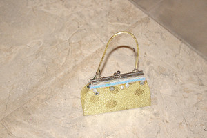 Vintage Oriental Sage Floral Silk Clasp Purse W/Blue Jewel Stones & Faux Pearls