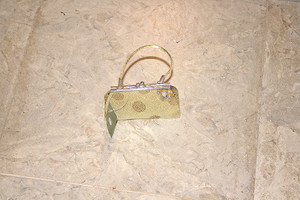 Vintage Oriental Sage Floral Silk Clasp Purse W/Pink Jewel Stones & Faux Pearls