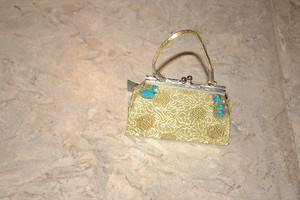 Vintage Oriental Sage Floral Silk Clasp Purse W/Blue Jewel Stones & Beads