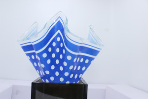 Vintage Chance Brothers Handkerchief Blue & White Polka Dot Glass Vase