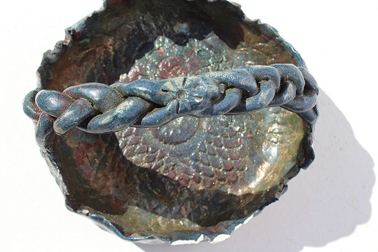 Vintage Braided Handle Iridescent Ceramic Basket
