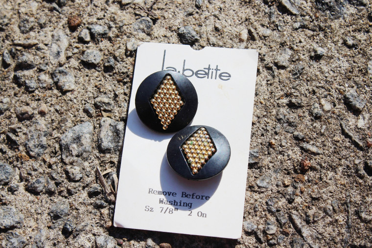 Vintage 1990s La Petite 7/8" Rhombus Shape Black & Gold Inset Button