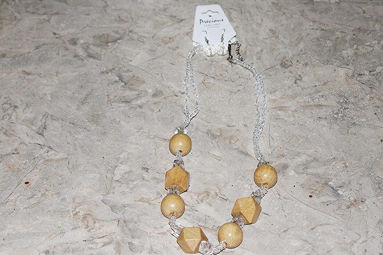 Vintage Precious Lead-Free Wood & Beads Necklace & Earring Set Light Wood/Clear Beads