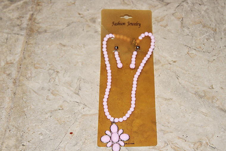 Vintage Pink Petal Beaded Necklace & Earring Set