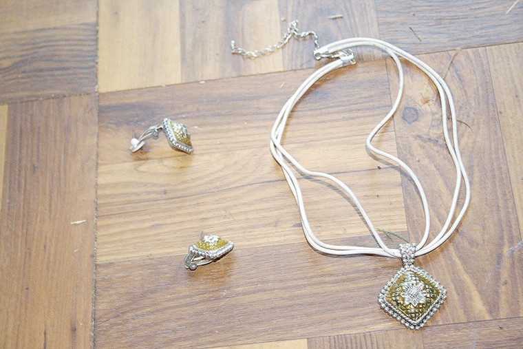 Vintage Raised Bloom Olive Green Inset Metal Necklace & Earring Set