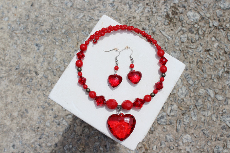 Vintage Faux Red Crystal Heart Choker Necklace & Earring Set
