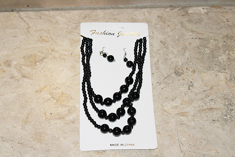 Vintage 3-Strand Faux Black Pearls Necklace & Earring Set
