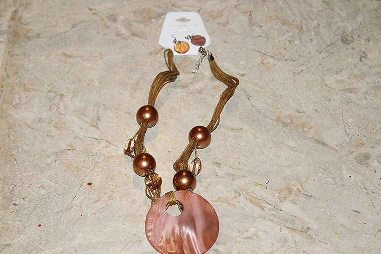 Vintage Gold Beads/Seashell Necklace & Earring Set