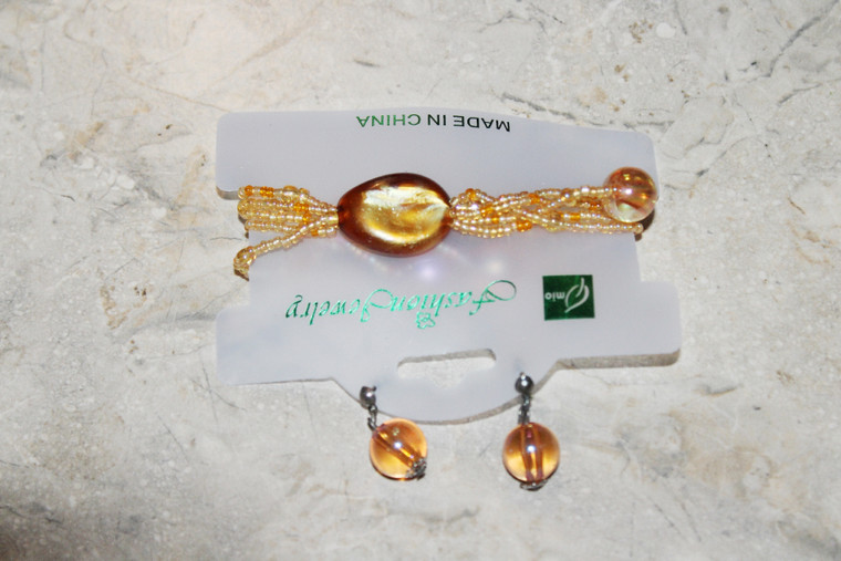 Vintage Mio Faux Flat Tiger Eye/Baby Beads Stretch Bracelet & Earring Set