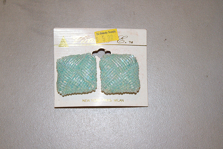 Vintage Victoria E. Aqua Glitter Clip Earrings