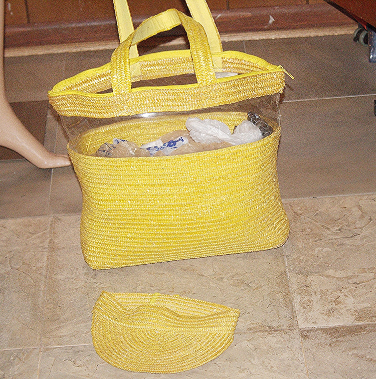 Vintage Fields of Straw Yellow Handcrafted Pure 100% Natural Fibers & Clear Vinyl Large Bag & Visor