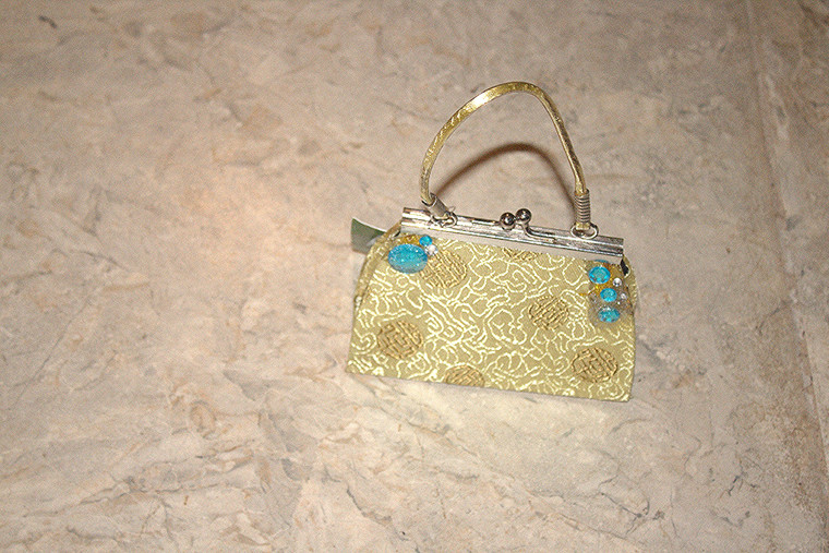 Vintage Oriental Sage Floral Silk Clasp Purse W/Blue Jewel Stones & Beads