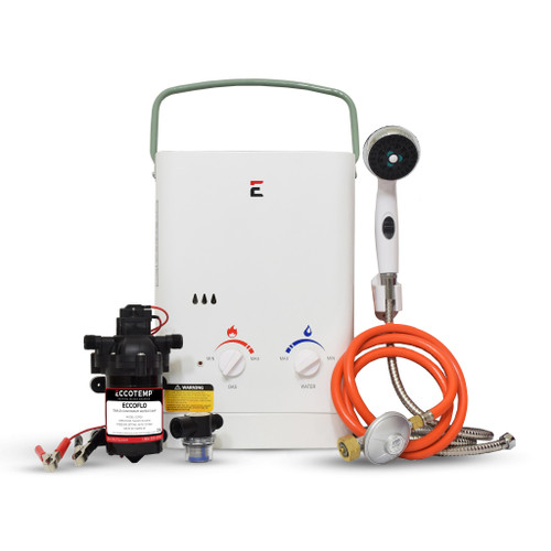 Eccotemp CE-L5 Portable Outdoor Tankless Water Heater Front View with accessories