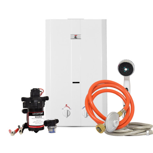 Eccotemp CE-L10 Portable Outdoor Tankless Water Heater w/ EccoFlo Diaphragm 12V Pump , Strainer & Shower Set