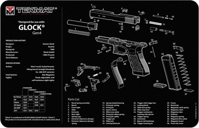 Tekmat Armorers Bench Mat - 11"x17" For Glock G4 Black