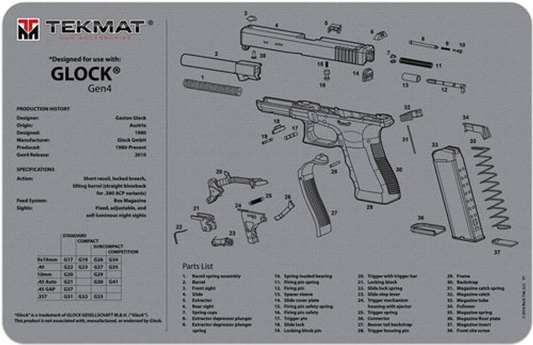 Tekmat Armorers Bench Mat - 11"x17" For Glock G4 Grey