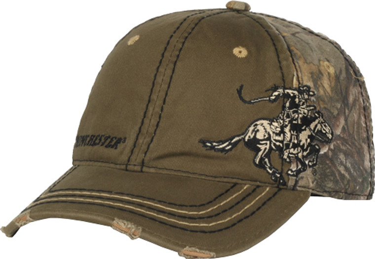 Winchester Ball Cap Logo Horse - Rider Distressed Olive Green