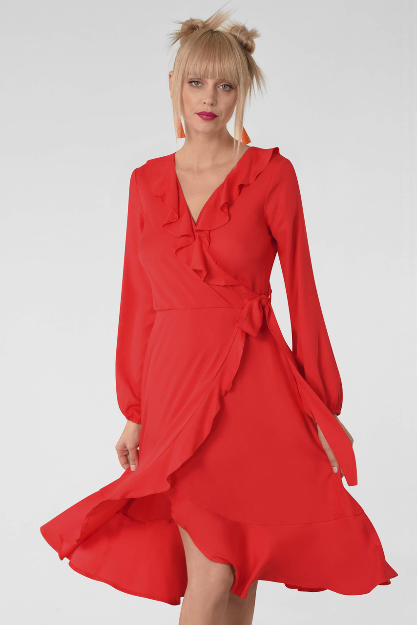 red wrap dress long sleeve
