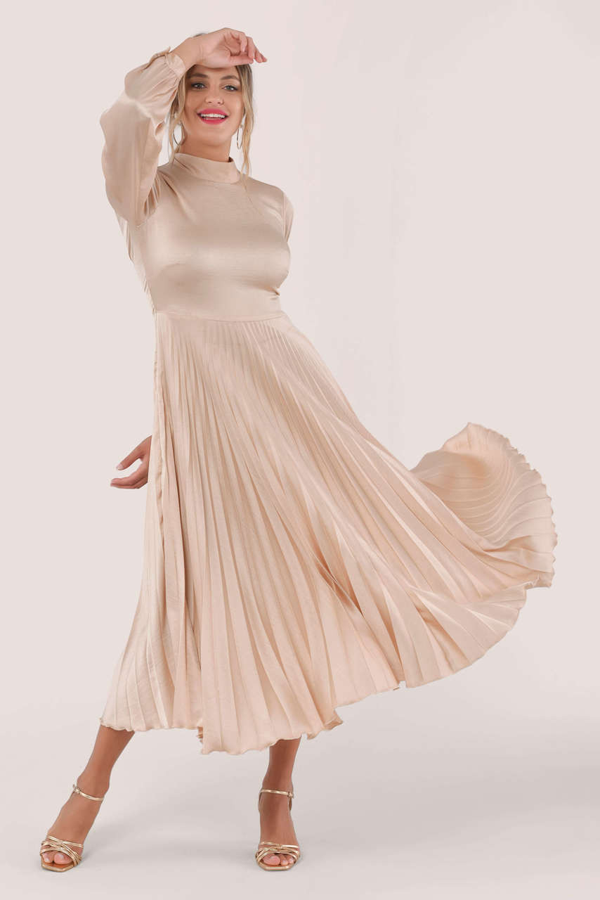 pleated midi dress long sleeve