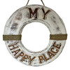 Coastal Life Buoy: 38x38cm handcrafted wall hanging with "My Happy Place" phrase, adding rustic charm to beach-inspired spaces and treasured coastal retreats.