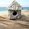 Whitewashed driftwood birdhouse, 18-20cm, with pitched roof and 5cm hole, eco-friendly garden decor. Hanging or free stand