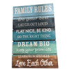 Hand-painted wooden sign with heartfelt family rules, promoting kindness, laughter, and love in a rustic design. 45x30cm