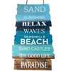 Beach-themed wall sign with hand-painted seaside motifs and uplifting messages.