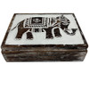 wooden Jewellery or trinket box with a carved elephant design,
The box features a distressed wood finish and a white top panel with an intricate elephant motif. 
It is designed for storing small items like Jewellery, trinkets, or other collectibles. 
size 29 x 21 08cm