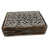 wooden jewelry or trinket box with a carved batik design,
The box features a distressed wood finish and a white top panel with an intricate floral motif. 
It is designed for storing small items like jewelry, trinkets, or other collectibles. 
size 29 x 21 08cm
