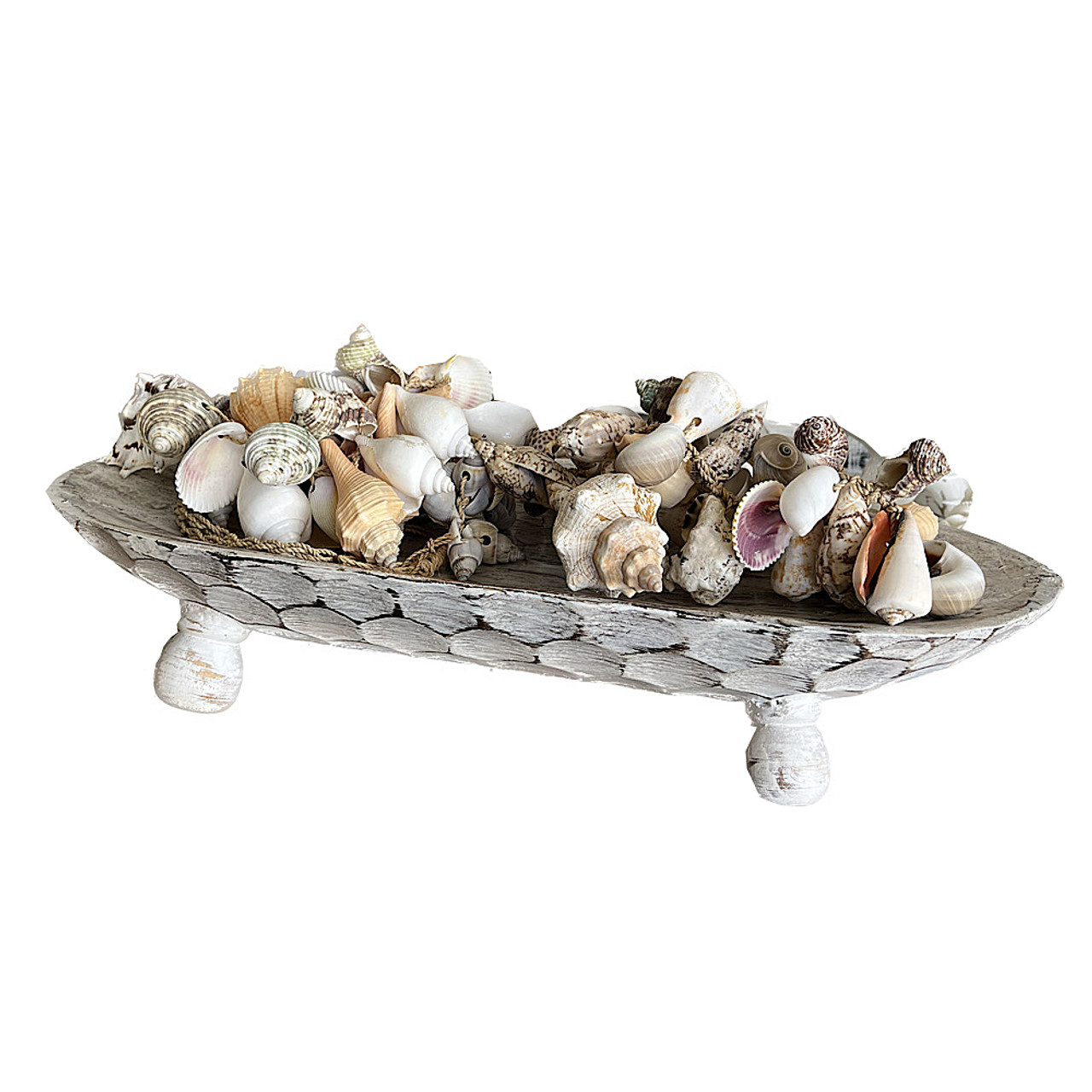 Hamptons wooden carved bowl on feet 
50cm. white wash display with our mixed shell garland (sold seperately )
