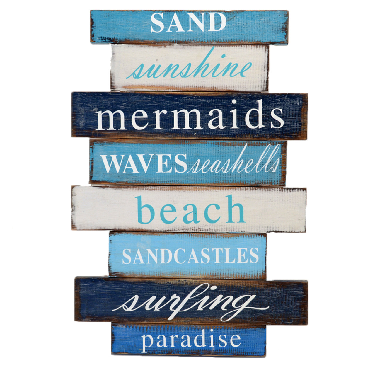 Beach House Wall art  Sand Sunshine Mermaids Waves sign
Mixed Blue/Aqua/White
Painted on slat frame
30cm x 44cm