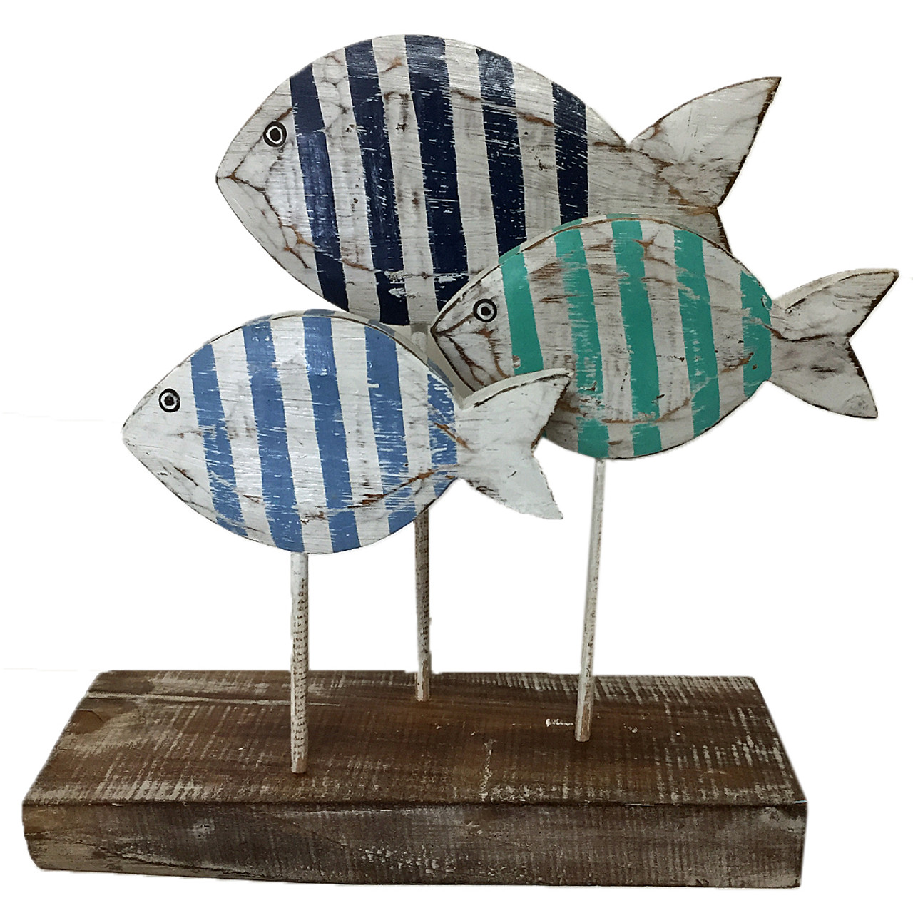 Beach House tropical fish set of 3 Boho Home table Decor
Wood carved fish set of three on stand