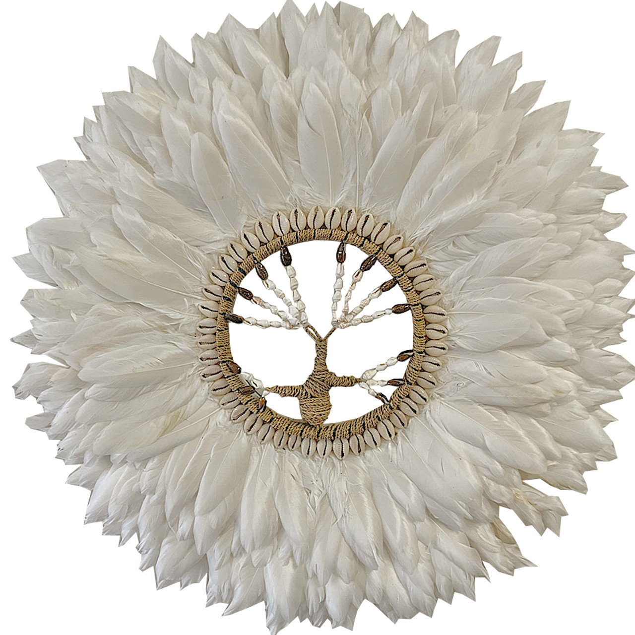 Wall Hanging Juju shell , wood bead & feather  Tree of Life
Medium 50cm feather diameter, Large 60cm feather diameter