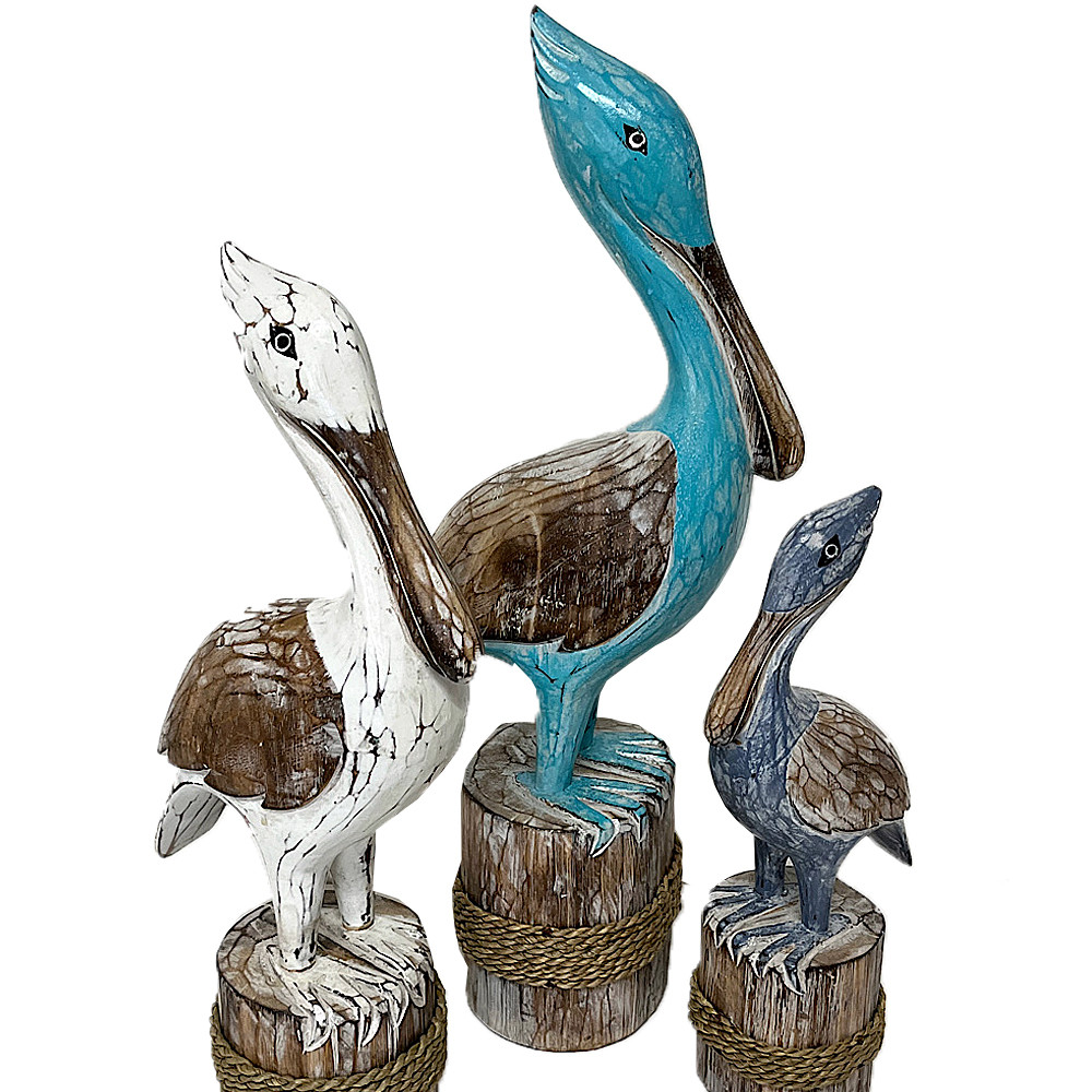 Hamptons Beach House Home Decor Sitting Wood Pelicans Set of 3 mix coloured