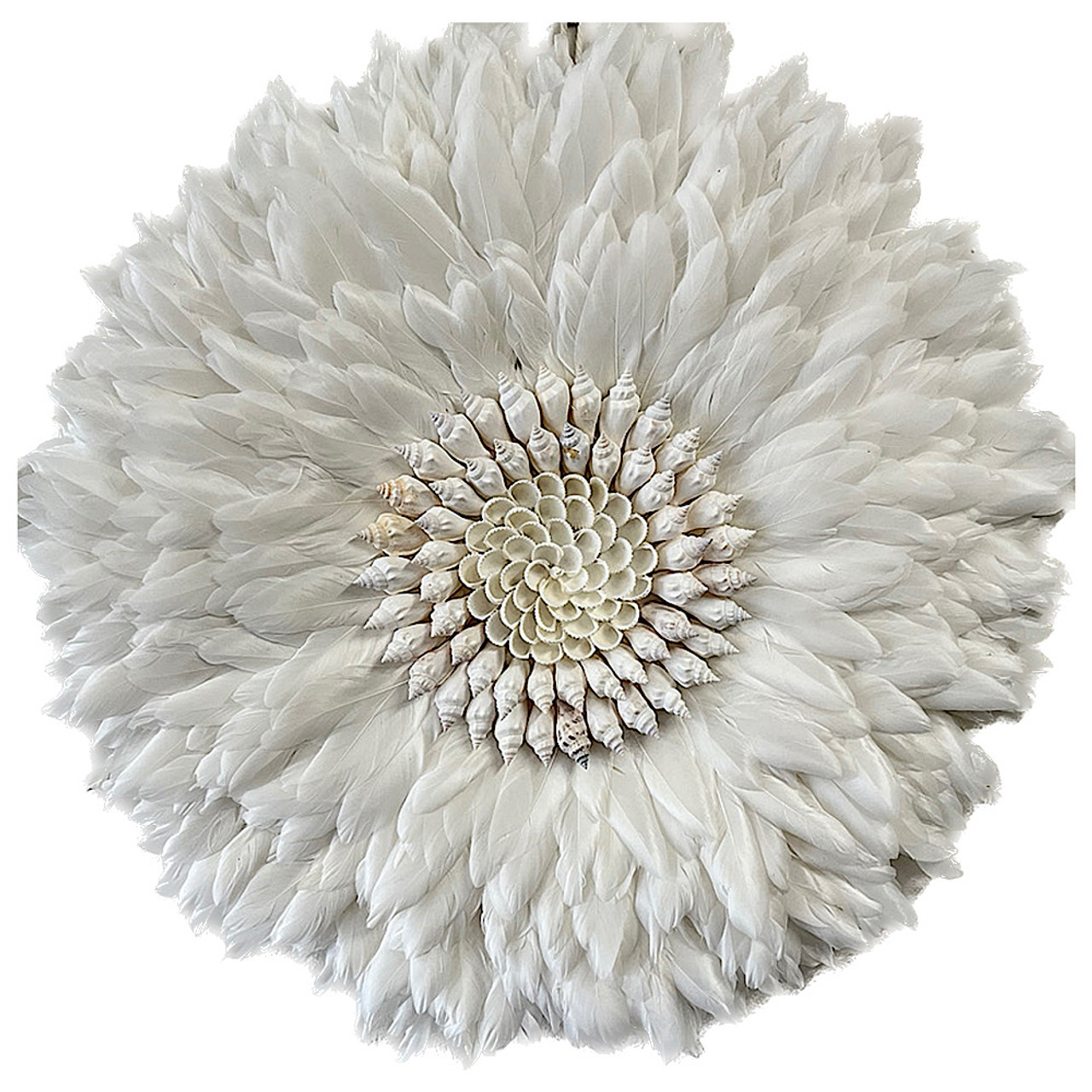 Boho Wall Hanging Juju LUX  shell  Wall Hanging  home decoration. Three sixes Small 50cm, Medium 60cm, Large 70cm
Diameter is taken from end of the feathers.