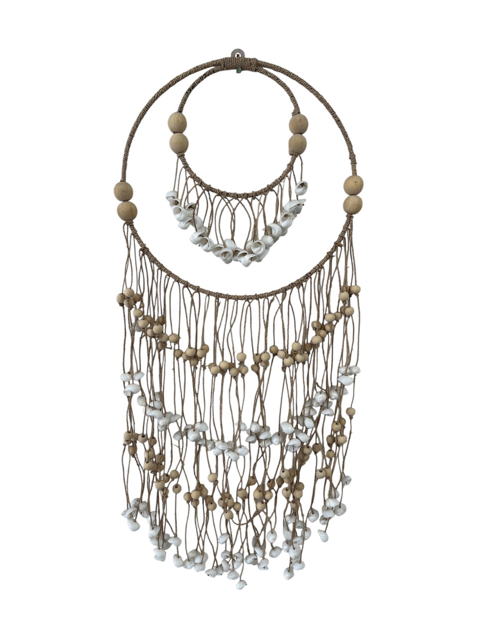 shell and beaded wall hanging home decor
Height 75cm x 30 cm wide
Made from White shells & natural beads