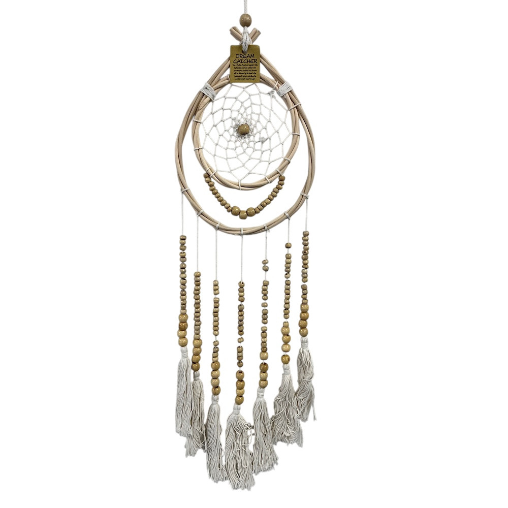 Teardrop shaped dreamcatcher measuring 19cm by 60cm, crafted from rattan and featuring intricate macrame knots and beautiful beads