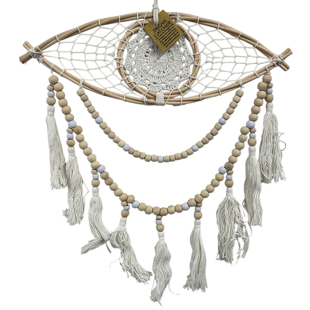 Eye-shaped dreamcatcher, handcrafted from natural rattan and adorned with intricate macrame knots and natural beads. Measuring 40cm in width and 50cm in height