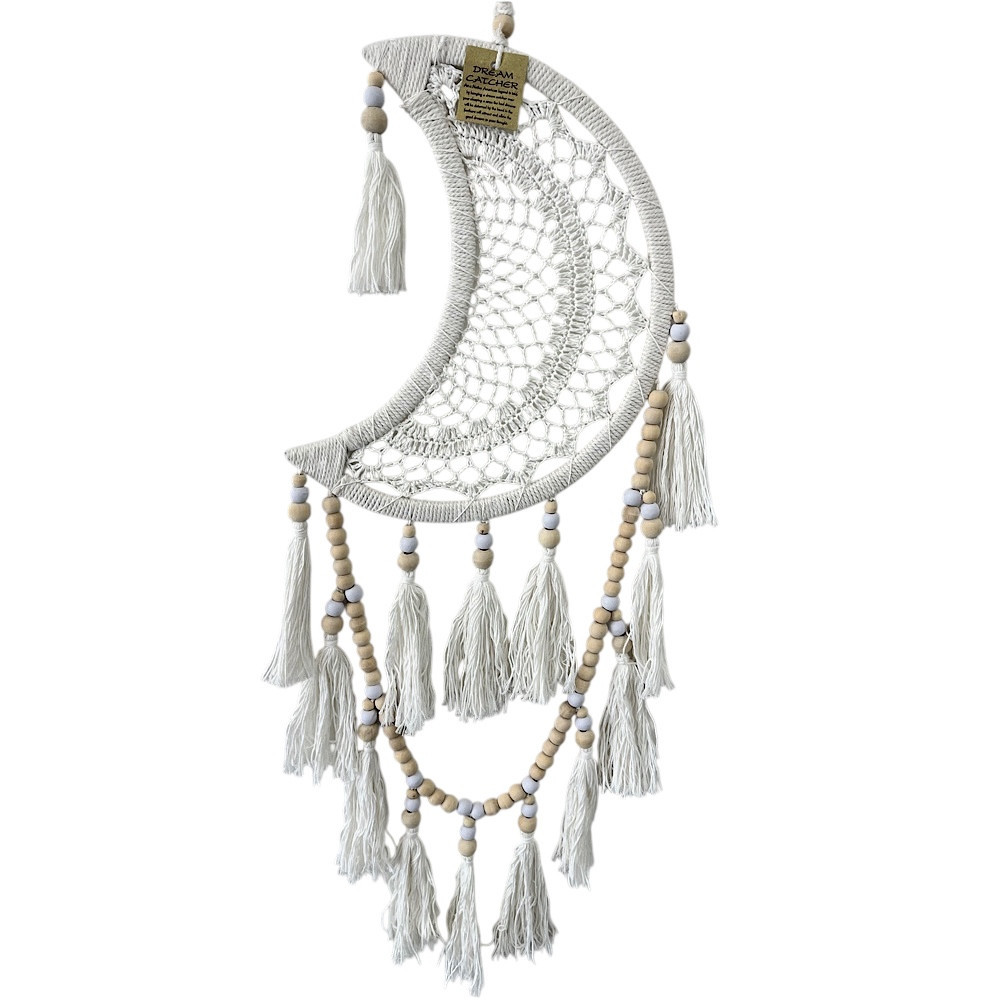 Macrame & wooden bead moon shaped dream catcher wall decor
60cm x 25cm