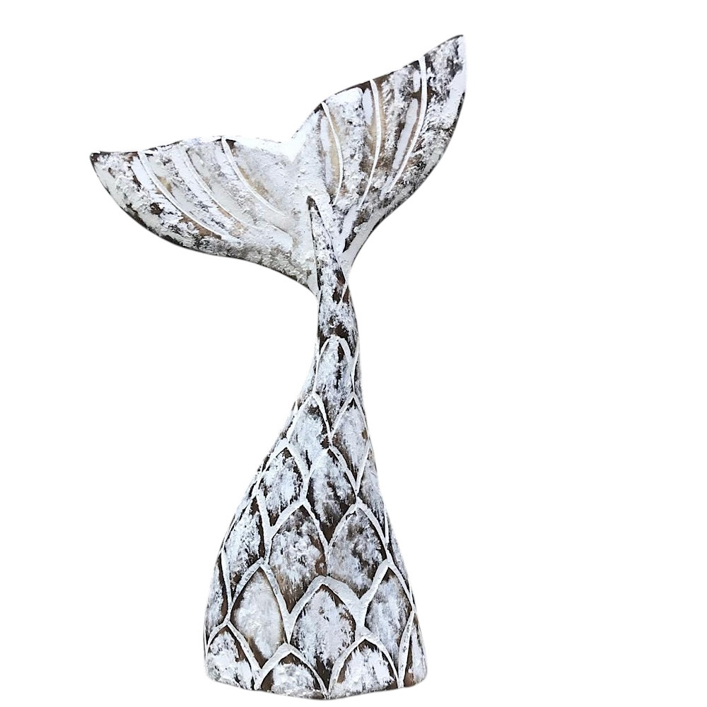Hand-carved wooden mermaid tail, white-washed and 45x28cm, adds enchanting seaside charm to beach home tables.