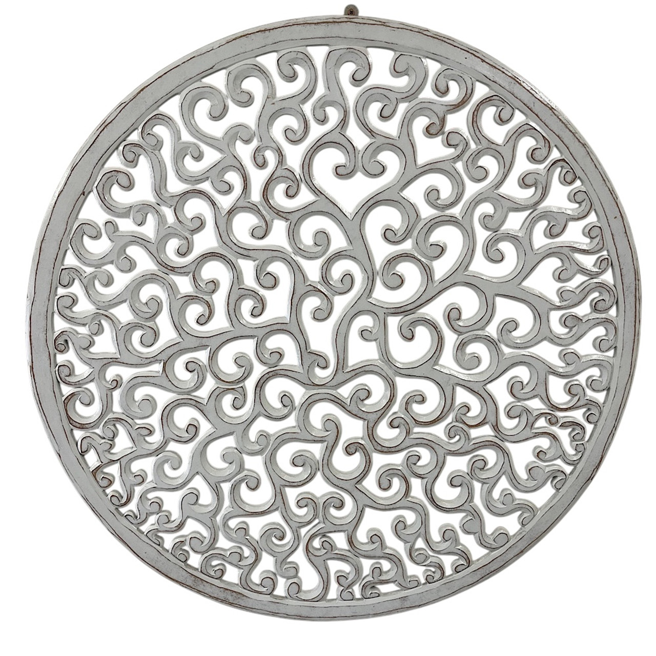 Handcrafted 80cm MDF mandala in white wash, circular wall art with carved details for a peaceful home.