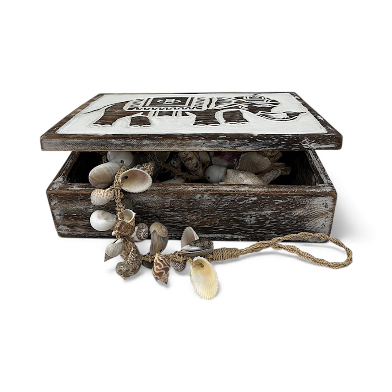 wooden Jewellery or trinket box with a carved elephant design,
The box features a distressed wood finish and a white top panel with an intricate elephant motif. 
It is designed for storing small items like Jewellery, trinkets, or other collectibles. 
size 29 x 21 08cm