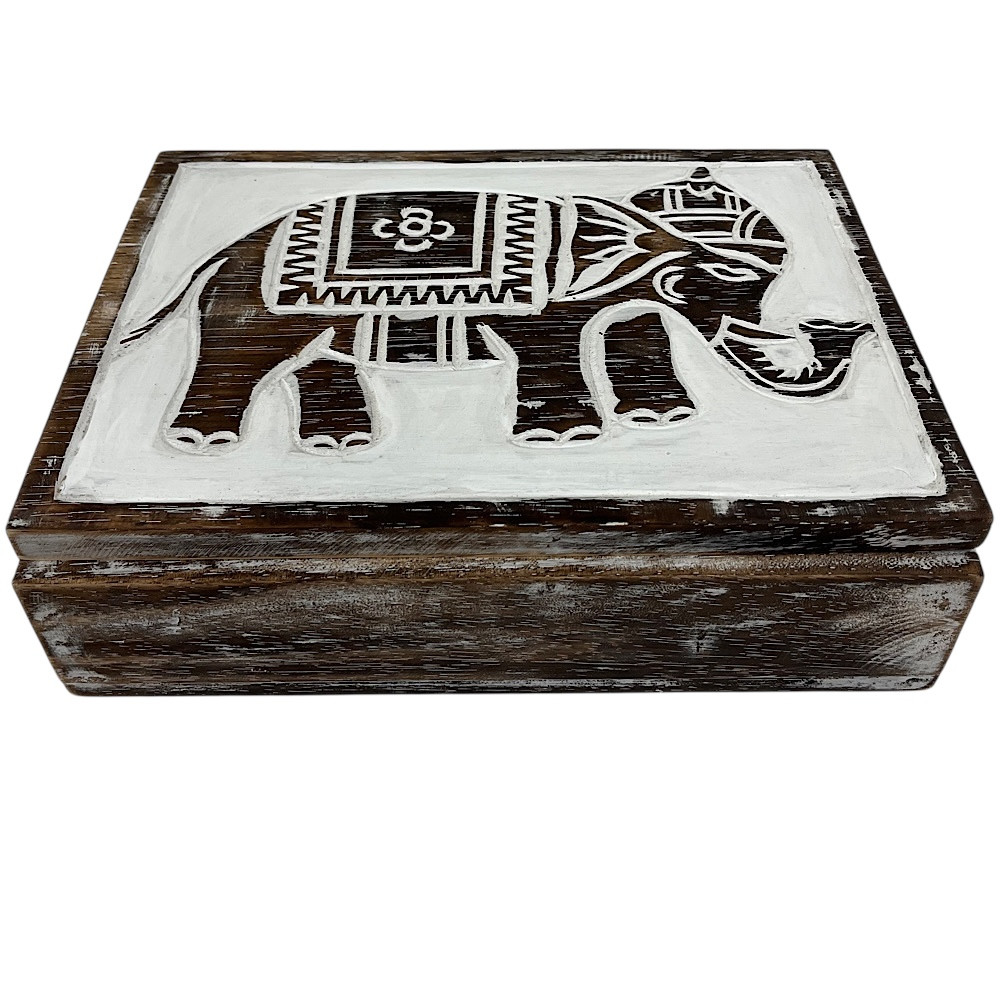 wooden Jewellery or trinket box with a carved elephant design,
The box features a distressed wood finish and a white top panel with an intricate elephant motif. 
It is designed for storing small items like Jewellery, trinkets, or other collectibles. 
size 29 x 21 08cm