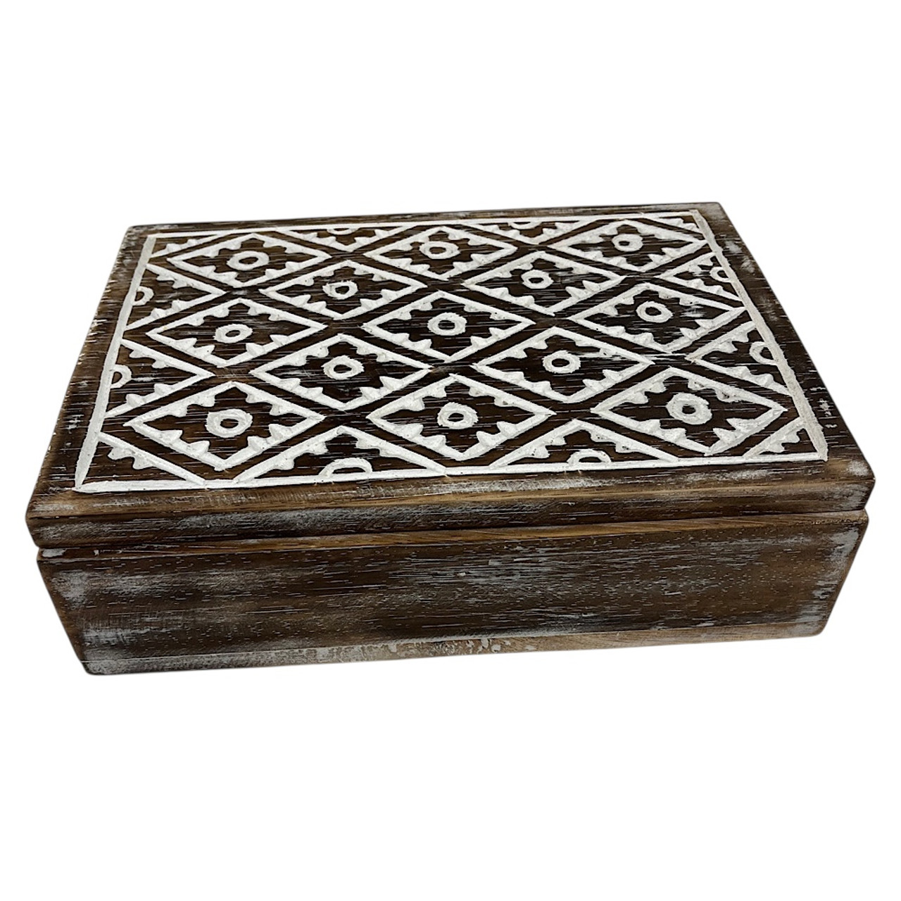wooden jewelry or trinket box with a carved batik design,
The box features a distressed wood finish and a white top panel with an intricate floral motif. 
It is designed for storing small items like jewelry, trinkets, or other collectibles. 
size 29 x 21 08cm