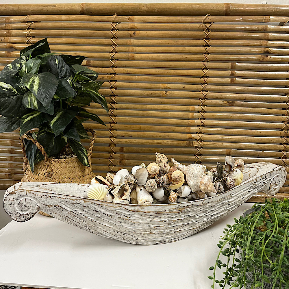Rustic white-washed wooden bowl with carved accents, ideal for beach house table decor and organic display.  60 cm x 13cm x13cm
