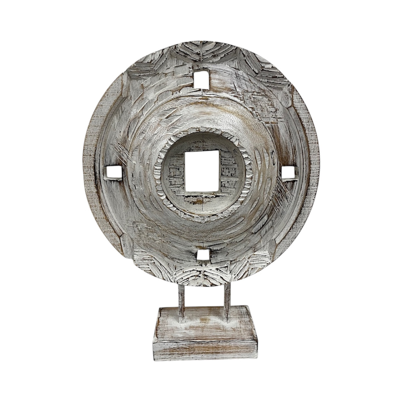 Bring rustic sophistication to your space with a handcrafted wooden coin on a stand. Standing tall at 50cm, this white-washed decor piece combines vintage charm and natural beauty, making it a standout addition to any room.