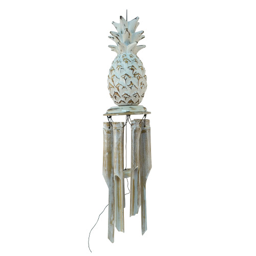 Hand Made Wood Carved Pineapple -  Bamboo Wind Chime. white wash
50cm