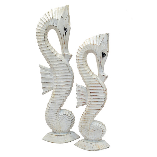 Set of 2 wood carved white seahorses ideal for the tabletop or shelf