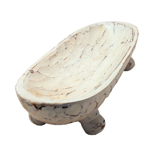 Hamptons wooden carved bowl on feet 
50cm. white wash