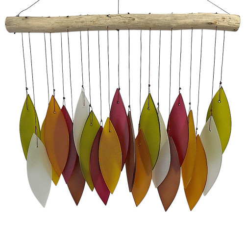 Handmade Beach Glass Wind Chime: 30x27cm recycled mixed autumn leaf design with driftwood stick, adding eco-friendly coastal charm to outdoor spaces.